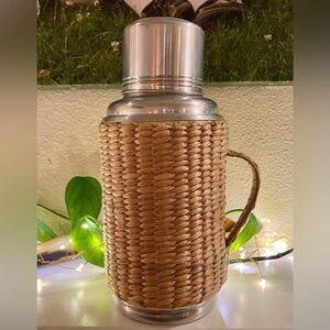 VTG 1960s Woven Rattan Bamboo Insulated Thermos Cup Glass Interior *missing lid
